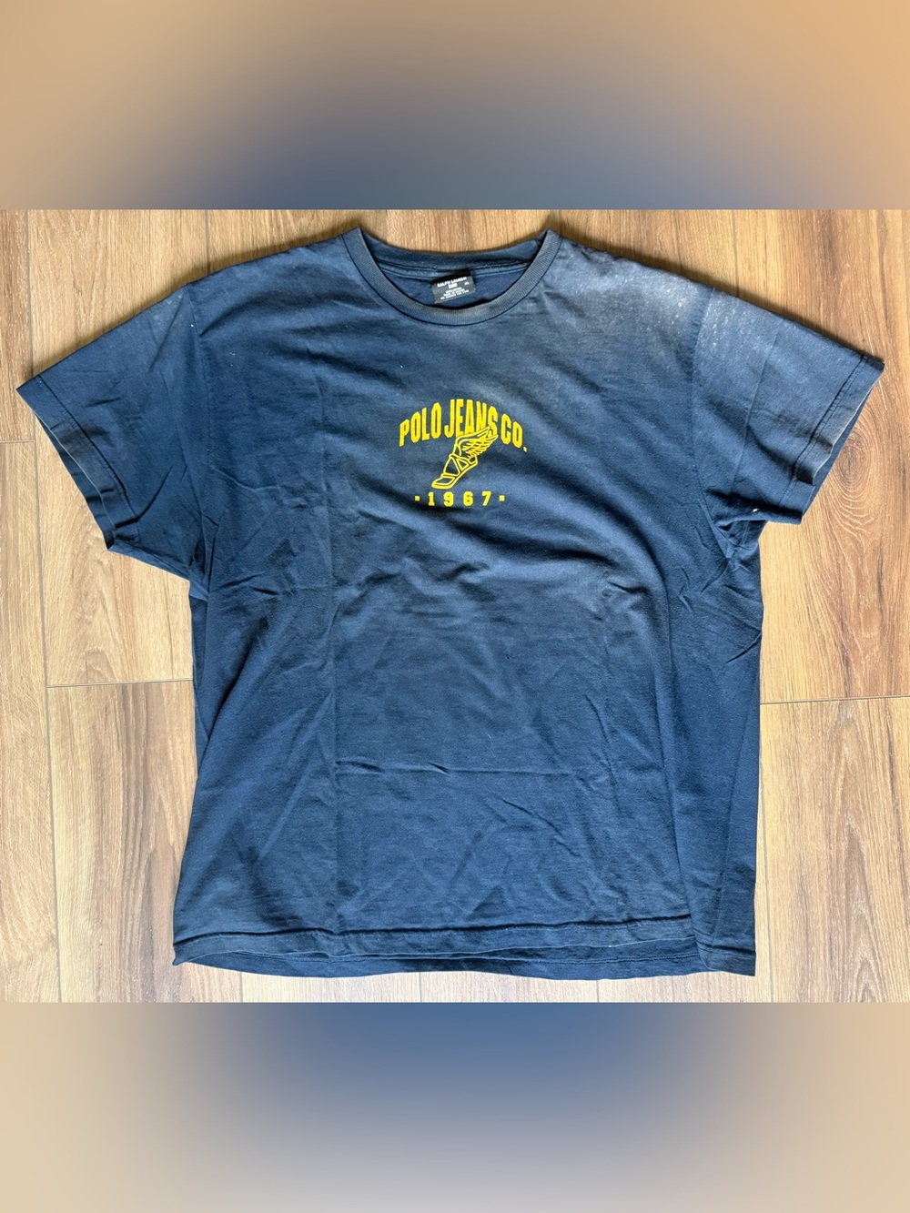 Vintage Ralph Lauren Polo Jeans T-Shirt Mens XL Blue Thrashed Graphic P-Wing 67